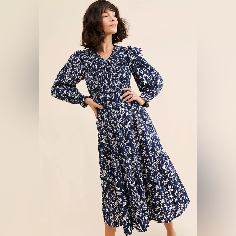 Moon River Navy Blue Long Sleeve Floral Midi Dress
